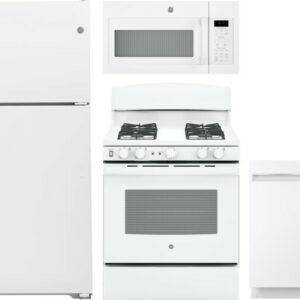 GE 4 Piece Kitchen Appliances Package with Top Freezer Refrigerator, Gas Range, Dishwasher and Over the Range Microwave in White GERERADWMW3375