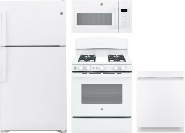 GE 4 Piece Kitchen Appliances Package with Top Freezer Refrigerator, Gas Range, Dishwasher and Over the Range Microwave in White GERERADWMW3375