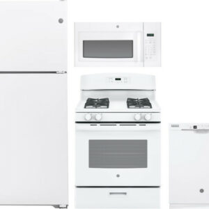 GE 4 Piece Kitchen Appliances Package with Top Freezer Refrigerator, Gas Range, Dishwasher and Over the Range Microwave in White GERERADWMW6095