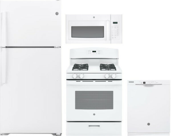 GE 4 Piece Kitchen Appliances Package with Top Freezer Refrigerator, Gas Range, Dishwasher and Over the Range Microwave in White GERERADWMW6095