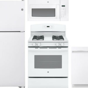 GE 4 Piece Kitchen Appliances Package with Top Freezer Refrigerator, Gas Range, Dishwasher and Over the Range Microwave in White GERERADWMW6710