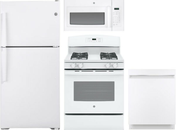 GE 4 Piece Kitchen Appliances Package with Top Freezer Refrigerator, Gas Range, Dishwasher and Over the Range Microwave in White GERERADWMW6710