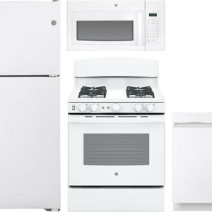 GE 4 Piece Kitchen Appliances Package with Top Freezer Refrigerator, Gas Range, Dishwasher and Over the Range Microwave in White GERERADWMW6711