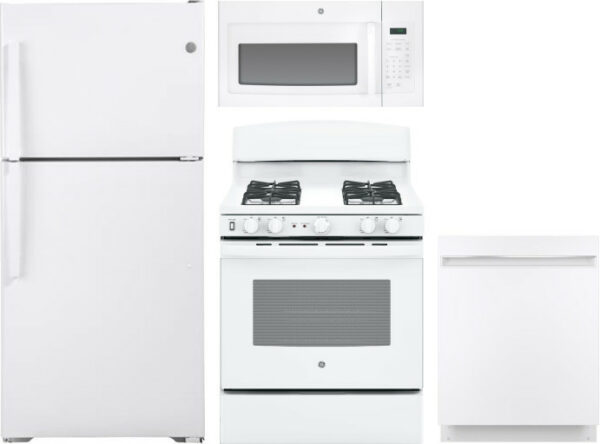 GE 4 Piece Kitchen Appliances Package with Top Freezer Refrigerator, Gas Range, Dishwasher and Over the Range Microwave in White GERERADWMW6711