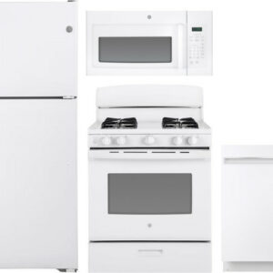 GE 4 Piece Kitchen Appliances Package with Top Freezer Refrigerator, Gas Range, Dishwasher and Over the Range Microwave in White GERERADWMW6800