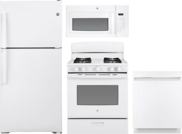 GE 4 Piece Kitchen Appliances Package with Top Freezer Refrigerator, Gas Range, Dishwasher and Over the Range Microwave in White GERERADWMW6800