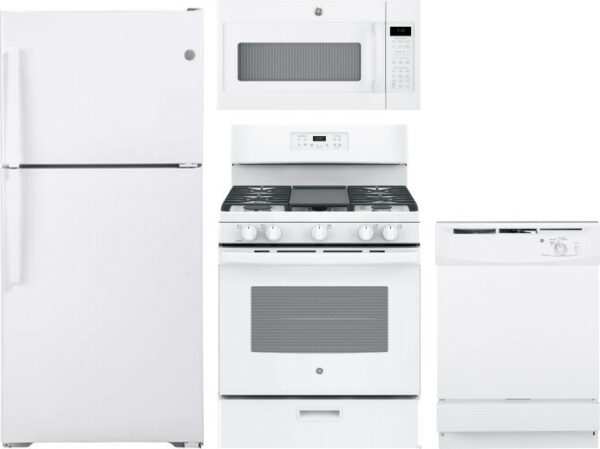 GE 4 Piece Kitchen Appliances Package with Top Freezer Refrigerator, Gas Range, Dishwasher and Over the Range Microwave in White GERERADWMW6801