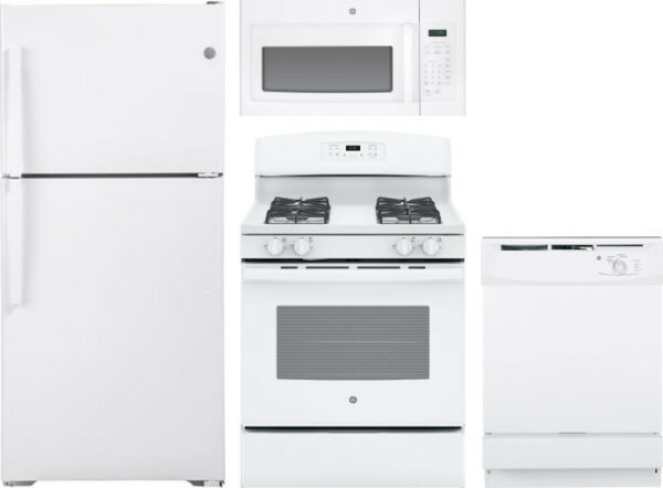 GE 4 Piece Kitchen Appliances Package with Top Freezer Refrigerator, Gas Range, Dishwasher and Over the Range Microwave in White GERERADWMW6803