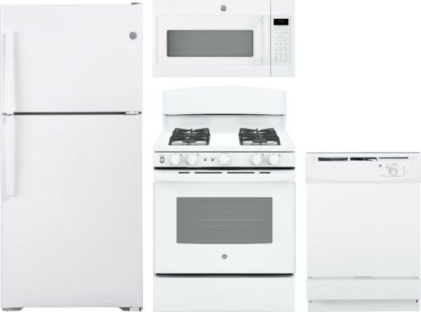 GE 4 Piece Kitchen Appliances Package with Top Freezer Refrigerator, Gas Range, Dishwasher and Over the Range Microwave in White GERERADWMW6805