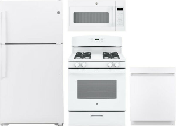 GE 4 Piece Kitchen Appliances Package with Top Freezer Refrigerator, Gas Range, Dishwasher and Over the Range Microwave in White GERERADWMW6875