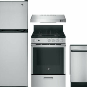 GE 4 Piece Kitchen Appliances Package with Top Freezer Refrigerator, Gas Range and Dishwasher in Stainless Steel GERERADWMW4003