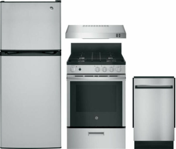 GE 4 Piece Kitchen Appliances Package with Top Freezer Refrigerator, Gas Range and Dishwasher in Stainless Steel GERERADWMW4003