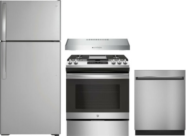 GE 4 Piece Kitchen Appliances Package with Top Freezer Refrigerator, Gas Range and Dishwasher in Stainless Steel GERERADWRH206