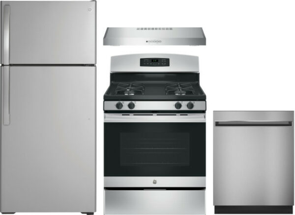 GE 4 Piece Kitchen Appliances Package with Top Freezer Refrigerator, Gas Range and Dishwasher in Stainless Steel GERERADWRH207