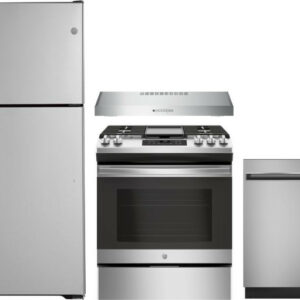 GE 4 Piece Kitchen Appliances Package with Top Freezer Refrigerator, Gas Range and Dishwasher in Stainless Steel GERERADWRH210