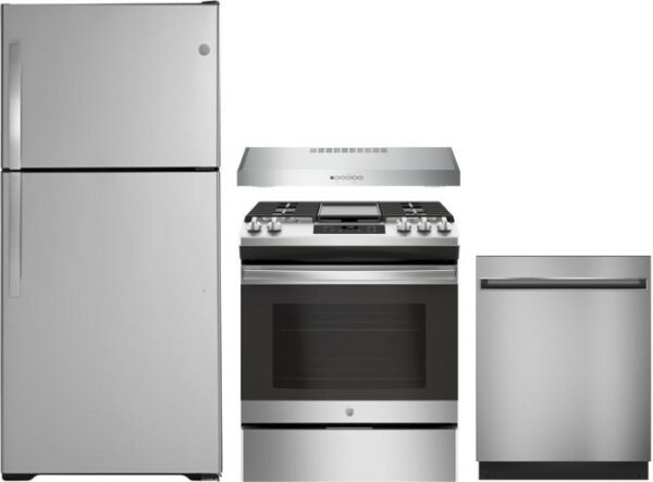 GE 4 Piece Kitchen Appliances Package with Top Freezer Refrigerator, Gas Range and Dishwasher in Stainless Steel GERERADWRH210