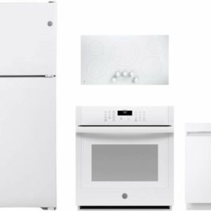 GE 4 Piece Kitchen Appliances Package with Top Freezer Refrigerator and Dishwasher in White GERECTWODW101