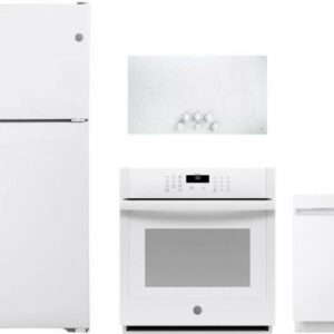 GE 4 Piece Kitchen Appliances Package with Top Freezer Refrigerator and Dishwasher in White GERECTWODW103