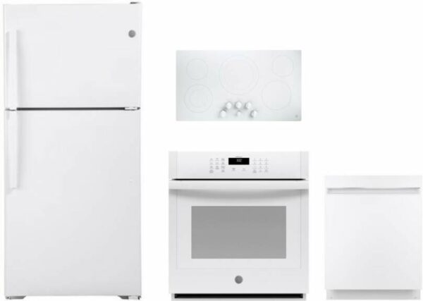 GE 4 Piece Kitchen Appliances Package with Top Freezer Refrigerator and Dishwasher in White GERECTWODW103