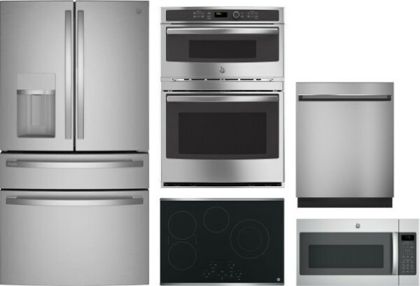 GE 5 Piece Kitchen Appliances Package with French Door Refrigerator, Dishwasher and Over the Range Microwave in Stainless Steel GERECOWODWMW10284