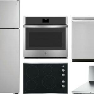 GE 5 Piece Kitchen Appliances Package with Top Freezer Refrigerator and Dishwasher in Stainless Steel GERECTWODWRH564