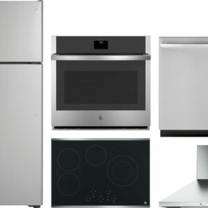 GE 5 Piece Kitchen Appliances Package with Top Freezer Refrigerator and Dishwasher in Stainless Steel GERECTWODWRH565