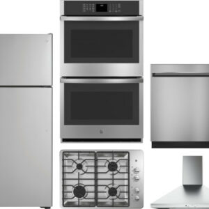 GE 5 Piece Kitchen Appliances Package with Top Freezer Refrigerator and Dishwasher in Stainless Steel GERECTWODWRH568