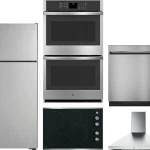 GE 5 Piece Kitchen Appliances Package with Top Freezer Refrigerator and Dishwasher in Stainless Steel GERECTWODWRH569