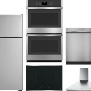 GE 5 Piece Kitchen Appliances Package with Top Freezer Refrigerator and Dishwasher in Stainless Steel GERECTWODWRH570