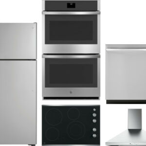 GE 5 Piece Kitchen Appliances Package with Top Freezer Refrigerator and Dishwasher in Stainless Steel GERECTWODWRH572