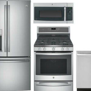 GE Profile 4 Piece Kitchen Appliances Package with French Door Refrigerator, Dual Fuel Range, Dishwasher and Over the Range Microwave in Stainless Ste