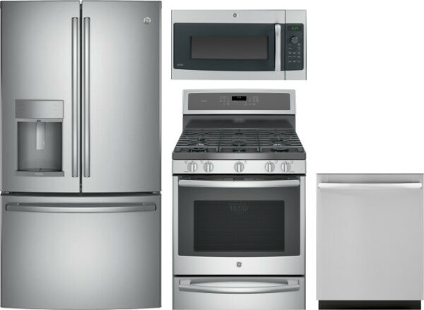 GE Profile 4 Piece Kitchen Appliances Package with French Door Refrigerator, Dual Fuel Range, Dishwasher and Over the Range Microwave in Stainless Ste