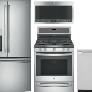 GE Profile 4 Piece Kitchen Appliances Package with French Door Refrigerator, Dual Fuel Range, Over the Range Microwave and Dishwasher in Stainless Ste