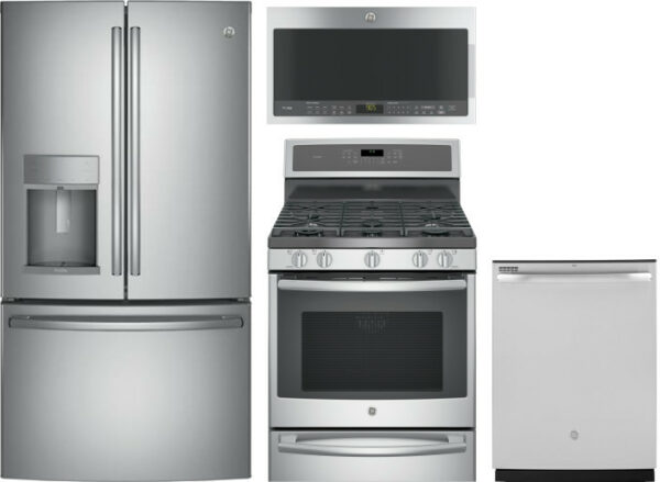 GE Profile 4 Piece Kitchen Appliances Package with French Door Refrigerator, Dual Fuel Range, Over the Range Microwave and Dishwasher in Stainless Ste