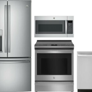 GE Profile 4 Piece Kitchen Appliances Package with French Door Refrigerator, Electric Range, Dishwasher and Over the Range Microwave in Stainless Stee