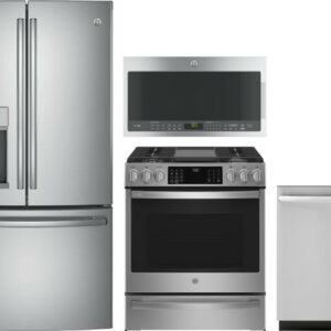 GE Profile 4 Piece Kitchen Appliances Package with French Door Refrigerator, Gas Range, Dishwasher and Over the Range Microwave in Stainless Steel GER