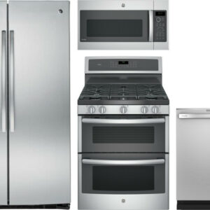 GE Profile 4 Piece Kitchen Appliances Package with Side-by-Side Refrigerator, Gas Range, Dishwasher and Over the Range Microwave in Stainless Steel GE