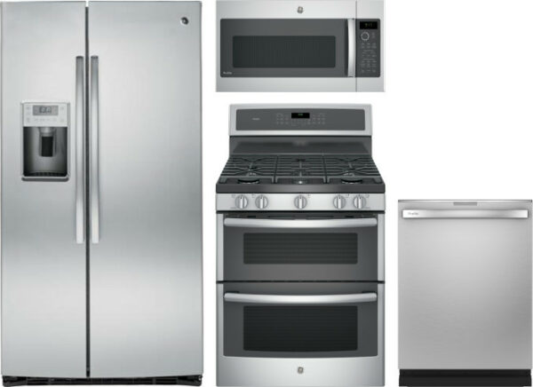 GE Profile 4 Piece Kitchen Appliances Package with Side-by-Side Refrigerator, Gas Range, Dishwasher and Over the Range Microwave in Stainless Steel GE