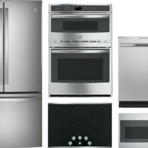 GE Profile 5 Piece Kitchen Appliances Package with French Door Refrigerator, Dishwasher and Over the Range Microwave in Stainless Steel GERECTWODWMW4