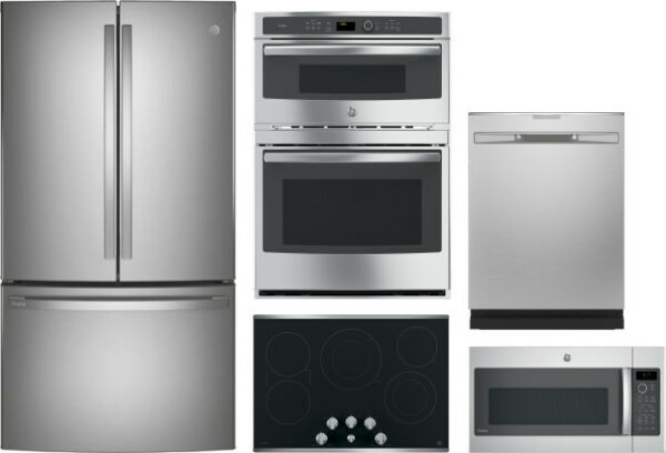 GE Profile 5 Piece Kitchen Appliances Package with French Door Refrigerator, Dishwasher and Over the Range Microwave in Stainless Steel GERECTWODWMW4