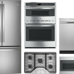 GE Profile 5 Piece Kitchen Appliances Package with French Door Refrigerator, Dishwasher and Over the Range Microwave in Stainless Steel GERECTWODWMW5