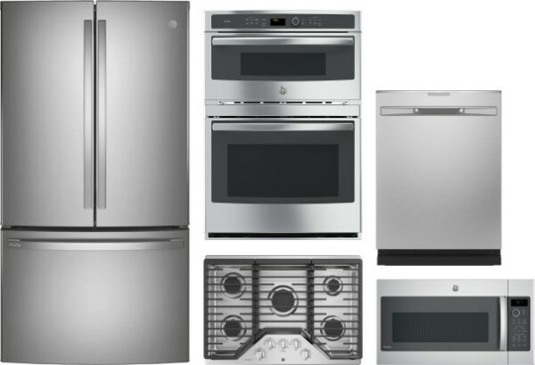 GE Profile 5 Piece Kitchen Appliances Package with French Door Refrigerator, Dishwasher and Over the Range Microwave in Stainless Steel GERECTWODWMW5