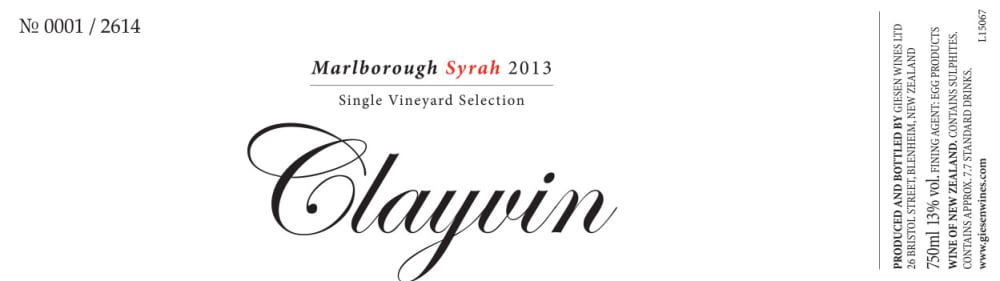 Giesen 2013 Clayvin Single Vineyard Selection Syrah - Syrah/Shiraz Red Wine