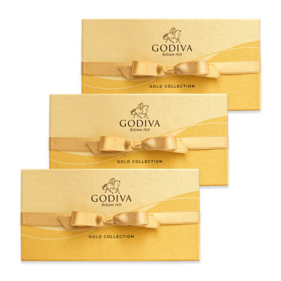 Godiva Assorted Chocolate Gold Gift Box and Ballotin, Gold Ribbon, Set of 3, 8 pc. each Godiva Assorted Chocolate Gold Gift Box and Ballotin, Gold Ribbon, Set of 3, 8 pc. each