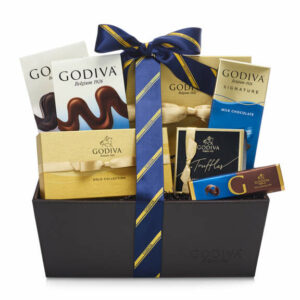 Godiva Chocolate Celebration Basket, Striped Tie Ribbon Dark, White, Milk Chocolate