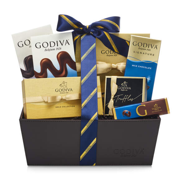 Godiva Chocolate Celebration Basket, Striped Tie Ribbon Dark, White, Milk Chocolate Godiva Chocolate Celebration Basket, Striped Tie Ribbon Dark, White, Milk Chocolate