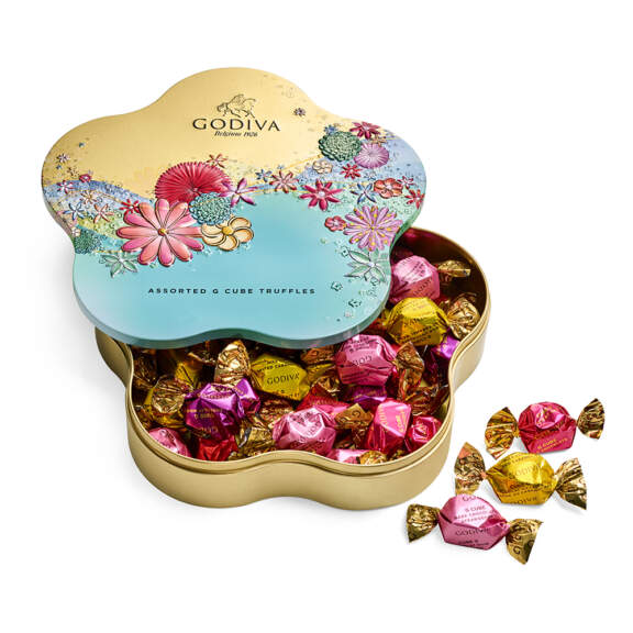 Godiva Chocolate Spring Assorted G Cube Flower Tin, 32 pc Godiva Chocolate Spring Assorted G Cube Flower Tin, 32 pc