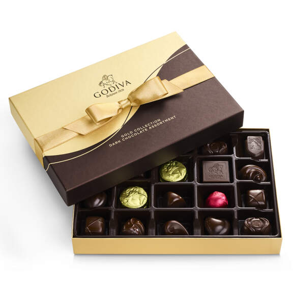 Godiva Dark Chocolate Gift Box and Ballotin, Gold Ribbon, 22 pc Godiva Dark Chocolate Gift Box and Ballotin, Gold Ribbon, 22 pc