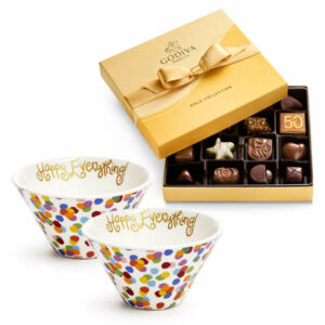 Godiva Happy Everything Bowls, Set of 2, with Assorted Chocolate Gold Gift Box and Ballotin, Gold Ribbon, 19 pc