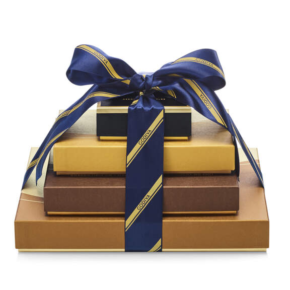 Godiva Sweet Surprise Gift Tower, Striped Tie Ribbon Dark, White, Milk Chocolate Godiva Sweet Surprise Gift Tower, Striped Tie Ribbon Dark, White, Milk Chocolate